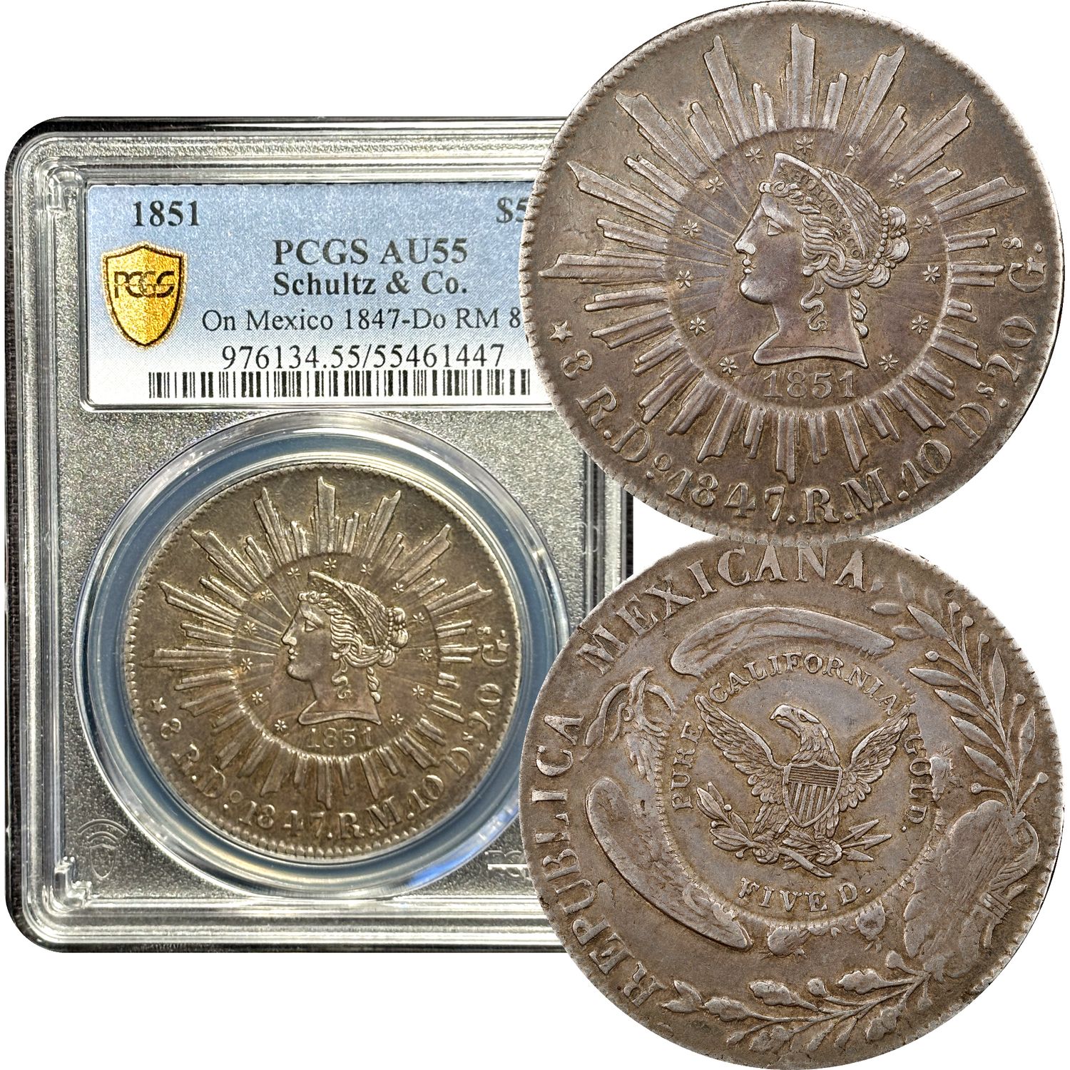 1851 $5 Schultz & Co. On Mexico 1847-Do RM 8R - PCGS AU55 - Composite