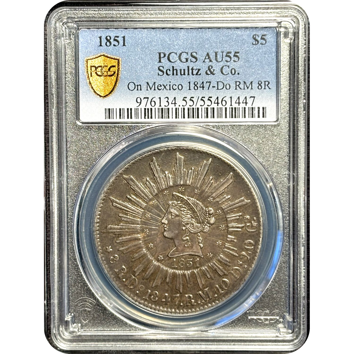 1851 $5 Schultz & Co. On Mexico 1847-Do RM 8R - PCGS AU55 - Slab Obverse