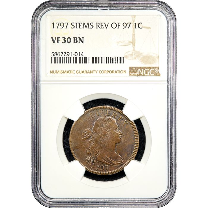 1797 Draped Bust Large Cent (1c) Reverse of 1797, Stems Obverse Slab Image
