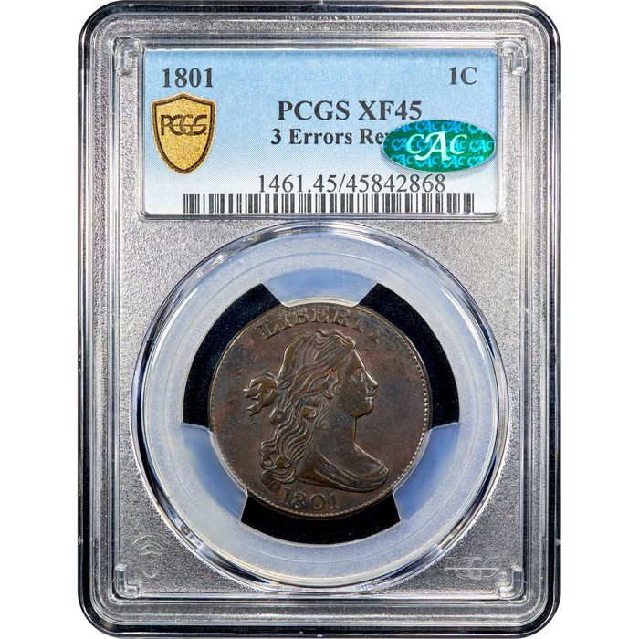 1801 Draped Bust Large Cent (1c) 3 Errors Reverse Obverse Slab Image