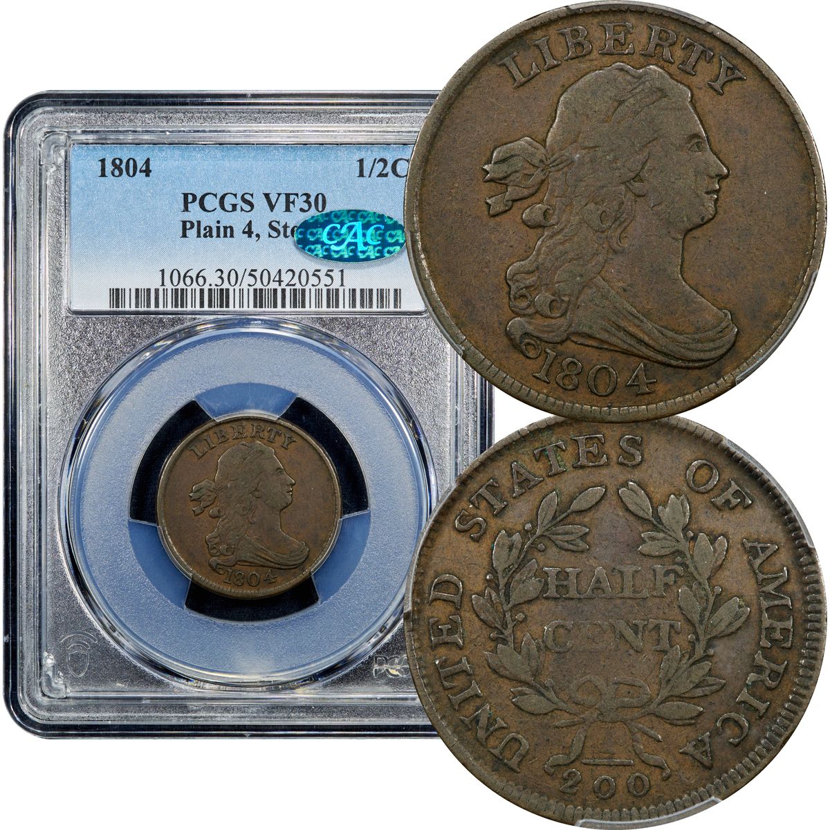 1804 Draped Bust Half Cent 1/2c  Plain 4 Stems PCGS VF30 BN CAC