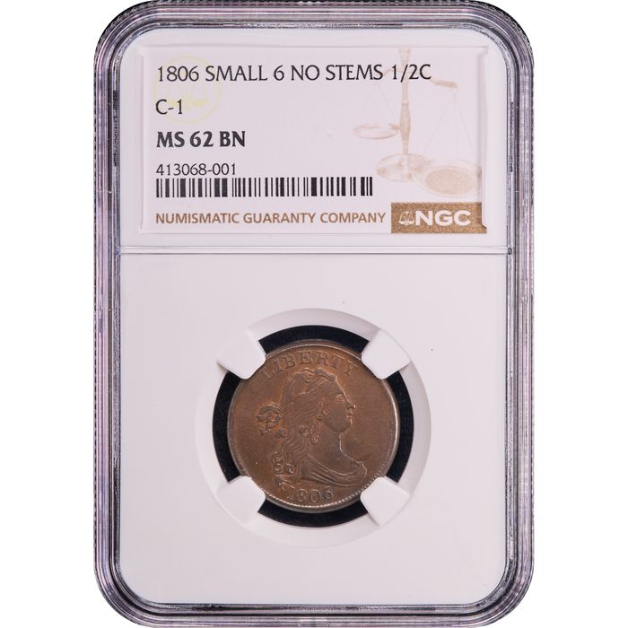1806 Draped Bust Half Cent (1/2) Small 6, No Stems Obverse Slab Image