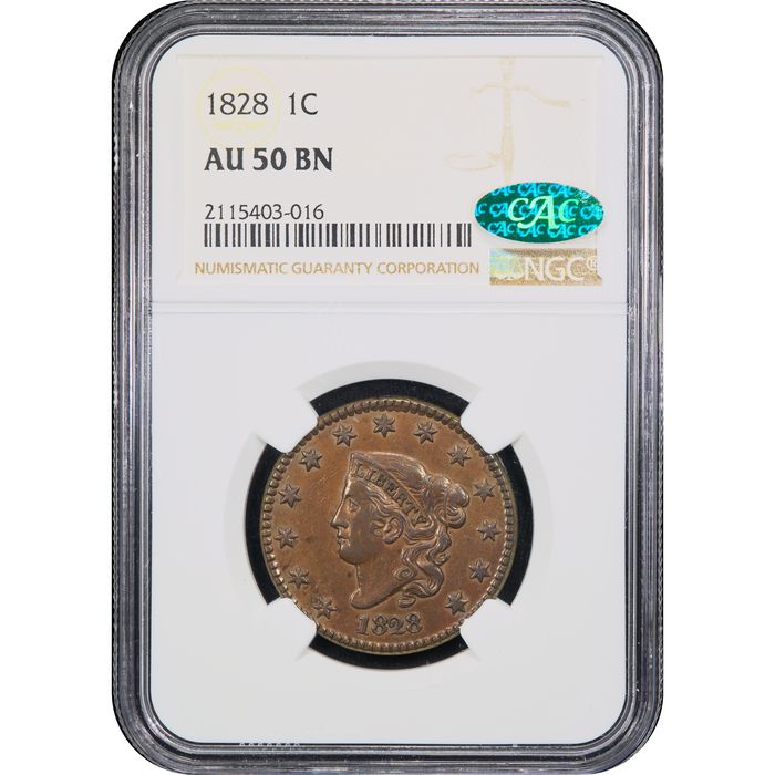 1828 Coronet Large Cent (1c) N-5 Obverse Slab Image