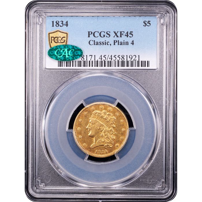 1834 Plain 4 Classic Head Gold Half Eagle ($5) Obverse Slab Image