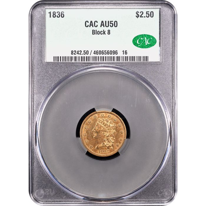 1836 Classic Head Gold Quarter Eagle ($2.50) Block 8 Obverse Slab Image