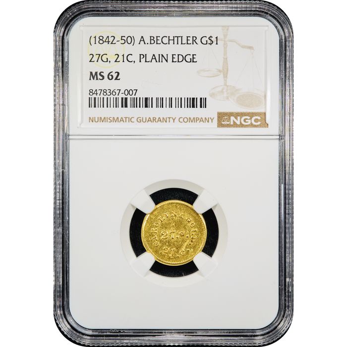 1842-50 A. Bechtler Gold Dollar (G$1) 27G Plain Edge Obverse Slab Image
