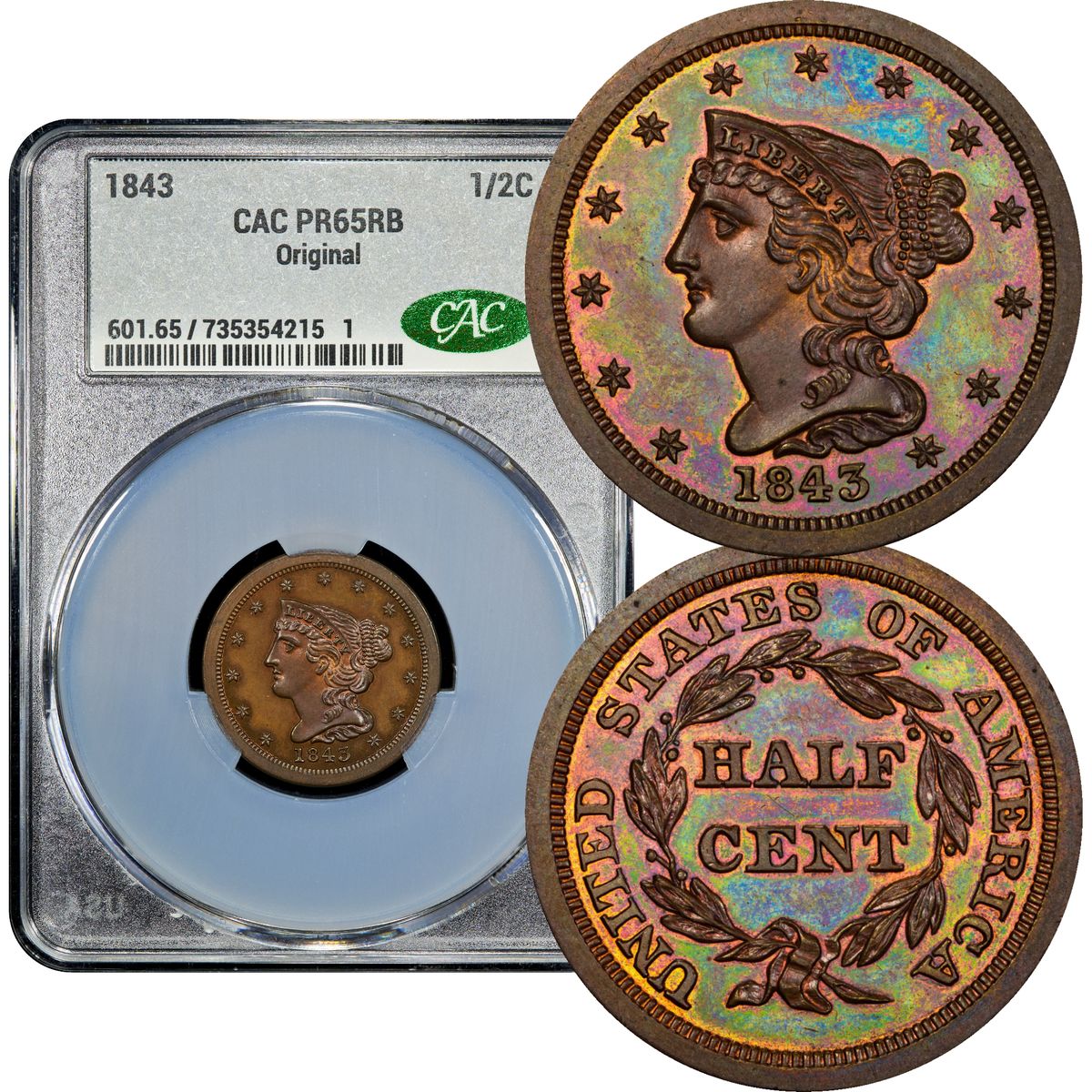 1843 Braided Hair Half Cent 1/2c Original CACG PR65 RB CAC