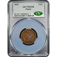 1843 Braided Hair Half Cent (1/2c) Original Obverse Slab Image