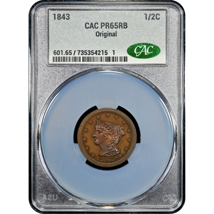 1843 Braided Hair Half Cent (1/2c) Original Obverse Slab Image