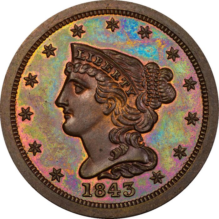 1843 Braided Hair Half Cent (1/2c) Original Obverse Image