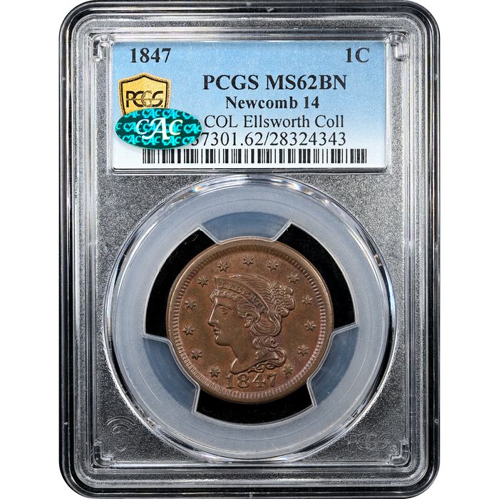 1847 Braided Hair Large Cent (1c) N-14 Obverse Slab Image