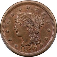 1847 Braided Hair Large Cent (1c) N-14 Obverse Image