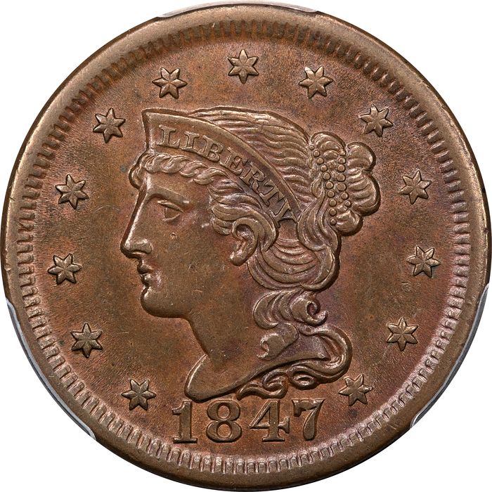 1847 Braided Hair Large Cent (1c) N-14 Obverse Image
