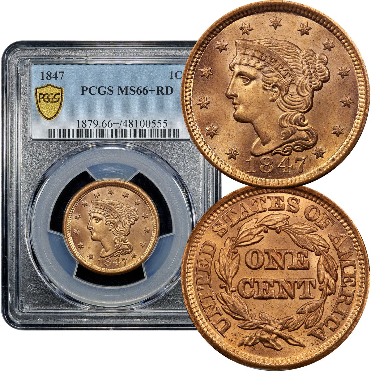 1847 Braided Hair Large Cent 1c PCGS MS66+ RD