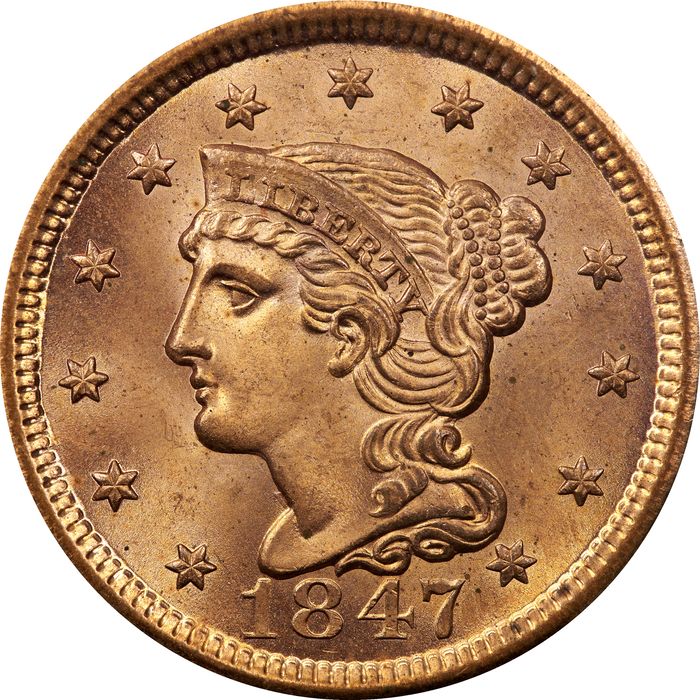 1847 Braided Hair Large Cent (1c) Obverse Image