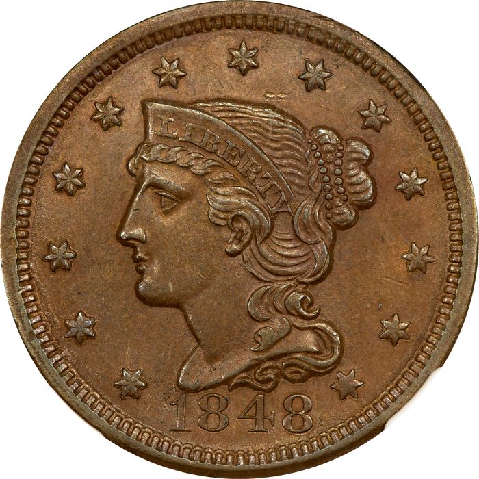 1848 Braided Hair Large Cent (1c) Obverse Image