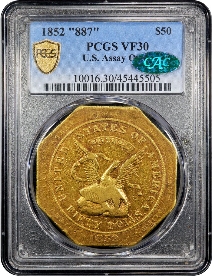 1852 Assay 887 Gold $50 Slug Obverse Image