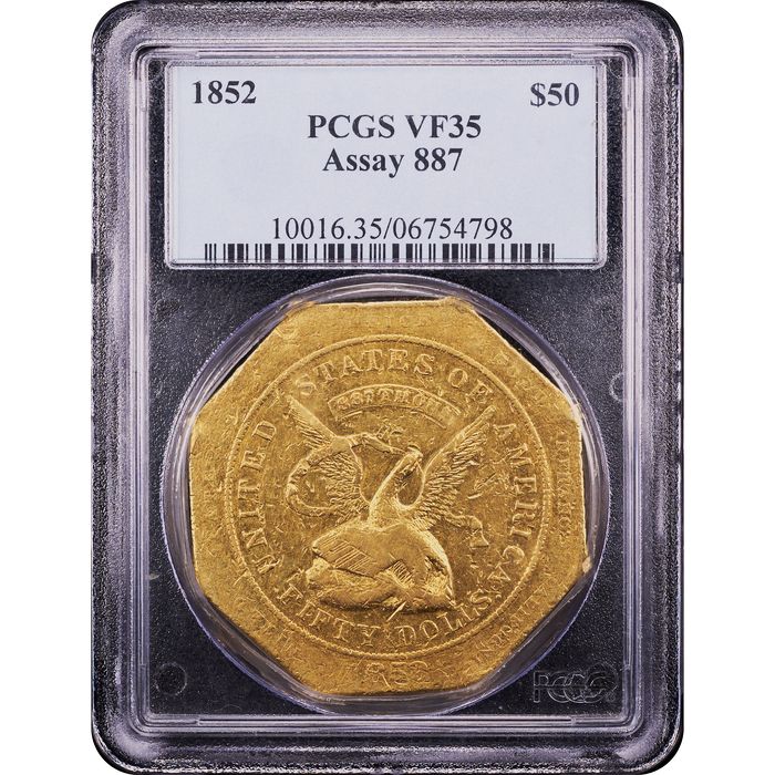 1852 Assay 887 Gold $50 Slug Obverse Slab Image