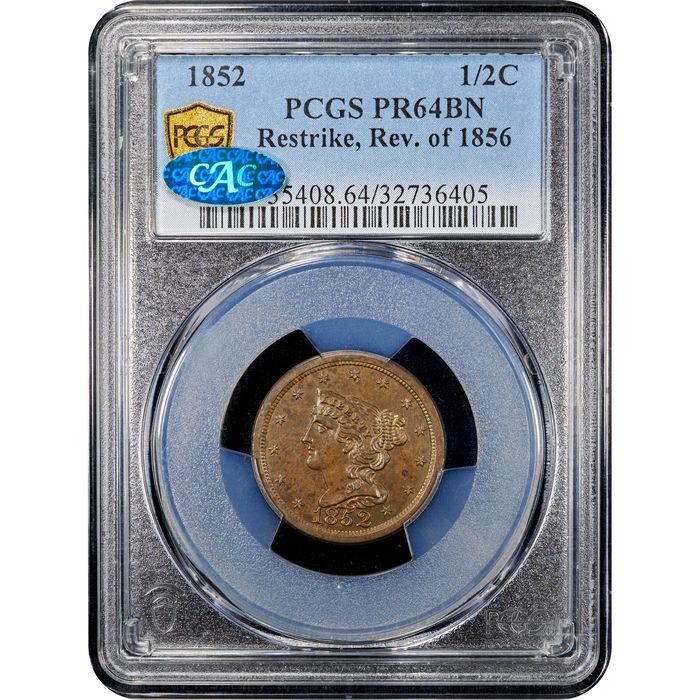 1852 Braided Hair Half Cent (1/2c) Restrike, Reverse of 1856 Obverse Slab Image