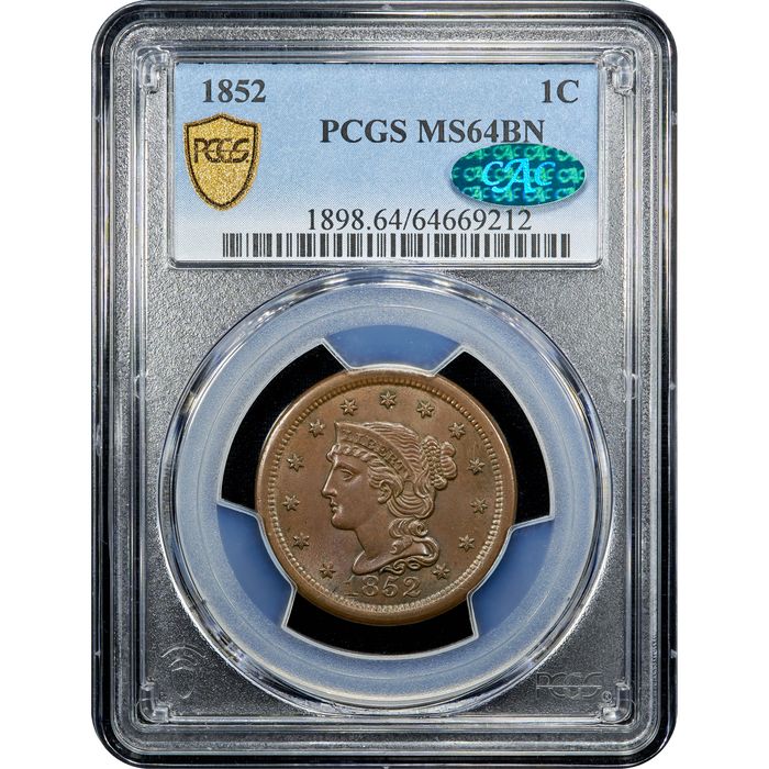 1852 Braided Hair Large Cent (1c) Obverse Slab Image
