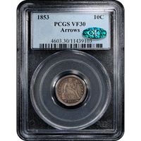 1853 Arrows Seated Liberty Dime (10c) Obverse Slab Image