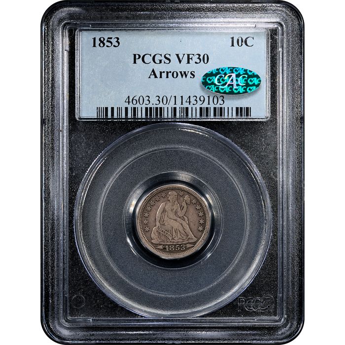 1853 Arrows Seated Liberty Dime (10c) Obverse Slab Image