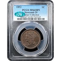 1853 Braided Hair Large Cent (1c) N-29 Obverse Slab Image