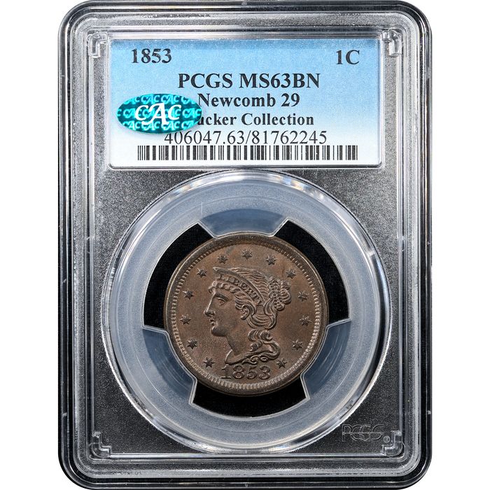 1853 Braided Hair Large Cent (1c) N-29 Obverse Slab Image