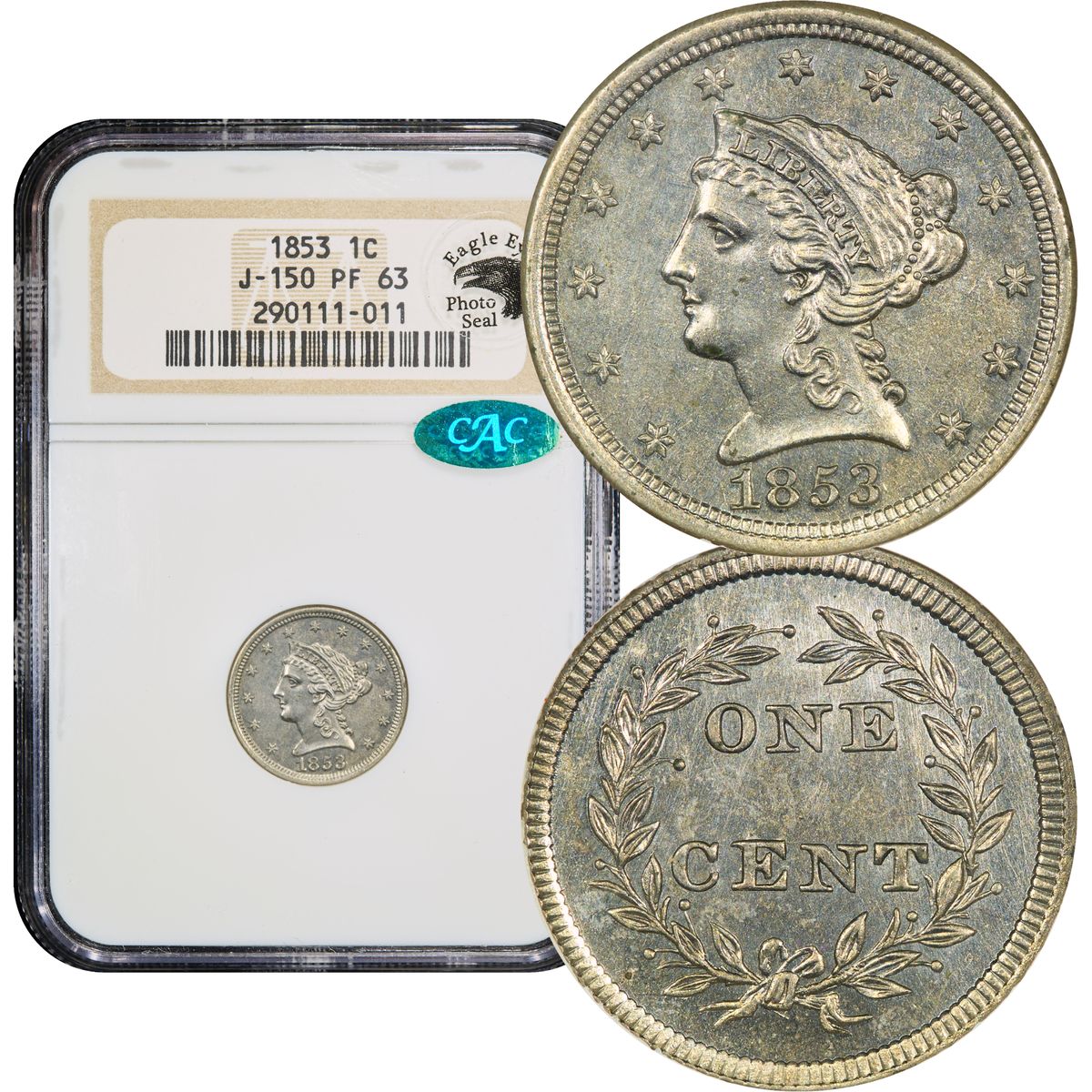 1853 Pattern Cent 1c J-150 NGC PR63 CAC