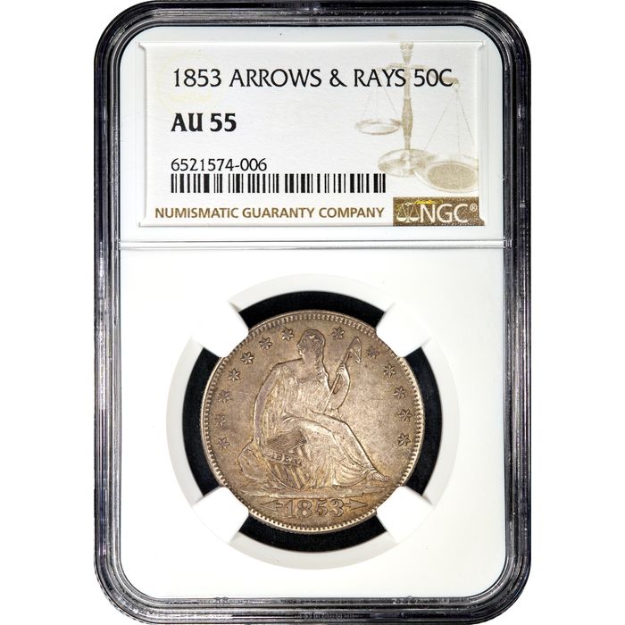 1853 Seated Liberty Half Dollar (50c) Arrows and Rays Obverse Slab Image