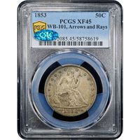 1853 Seated Liberty Half Dollar (50c) WB-101 Arrows and Rays Obverse Image
