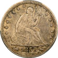 1853 Seated Liberty Quarter (25c) Arrows and Rays Photo 3