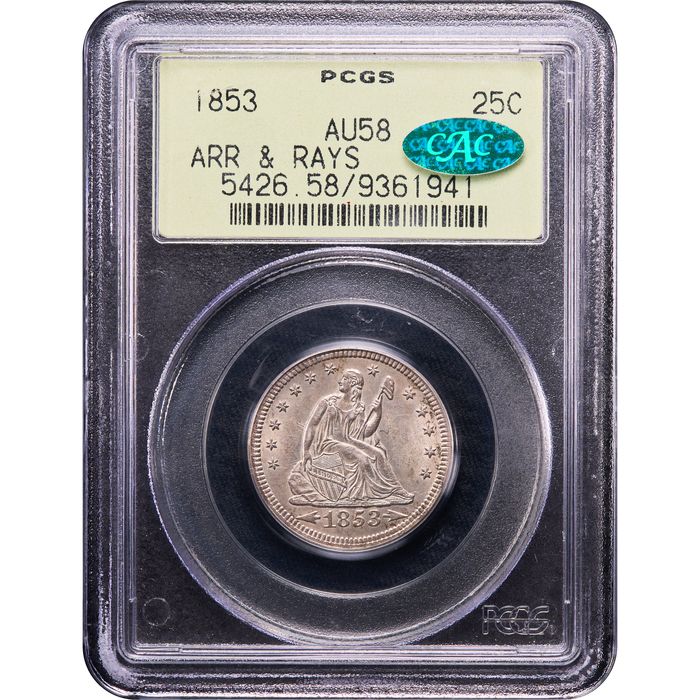 1853 Seated Liberty Quarter (25c) Arrows and Rays OGH Obverse Image