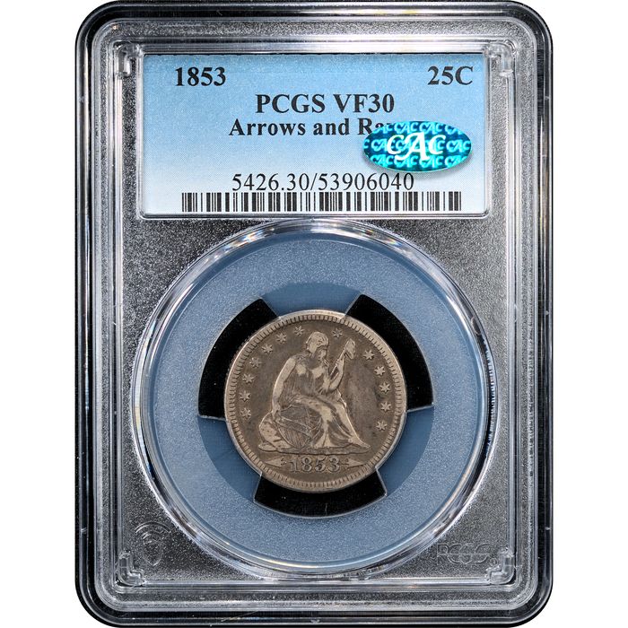 1853 Seated Liberty Quarter (25c) Arrows & Rays Obverse Slab Image