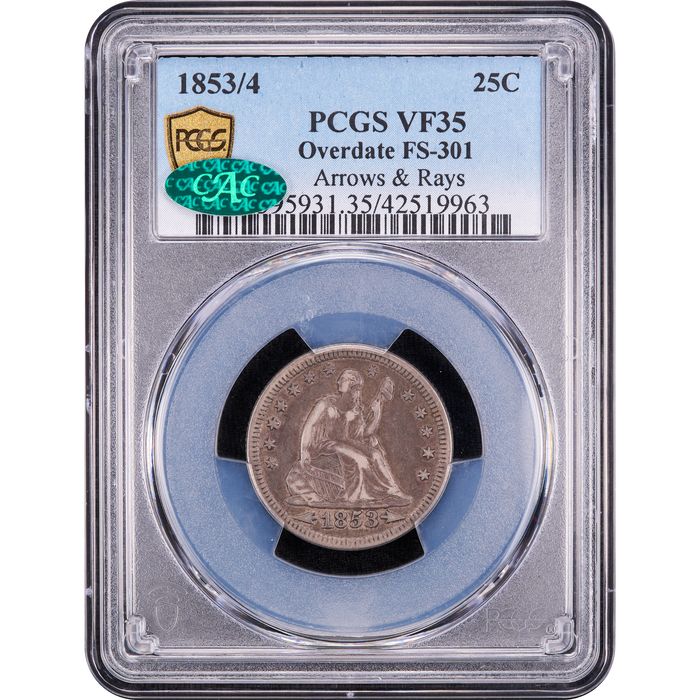 1853/4 Seated Liberty Quarter (25c) Arrows and Rays Obverse Image
