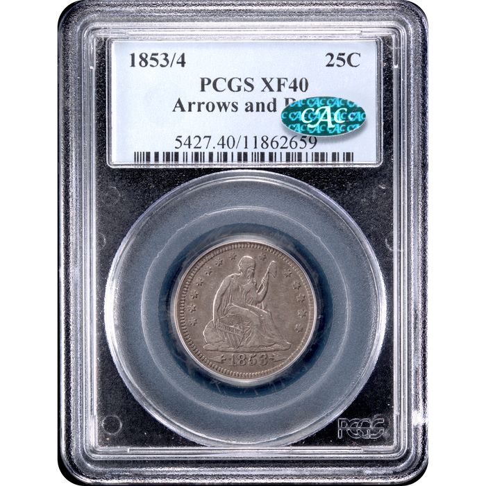 1853/4 Seated Liberty Quarter (25c) Arrows and Rays Obverse Slab Image