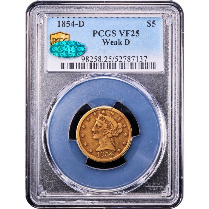 1854-D Liberty Gold Half Eagle ($5) Weak D Obverse Slab Image