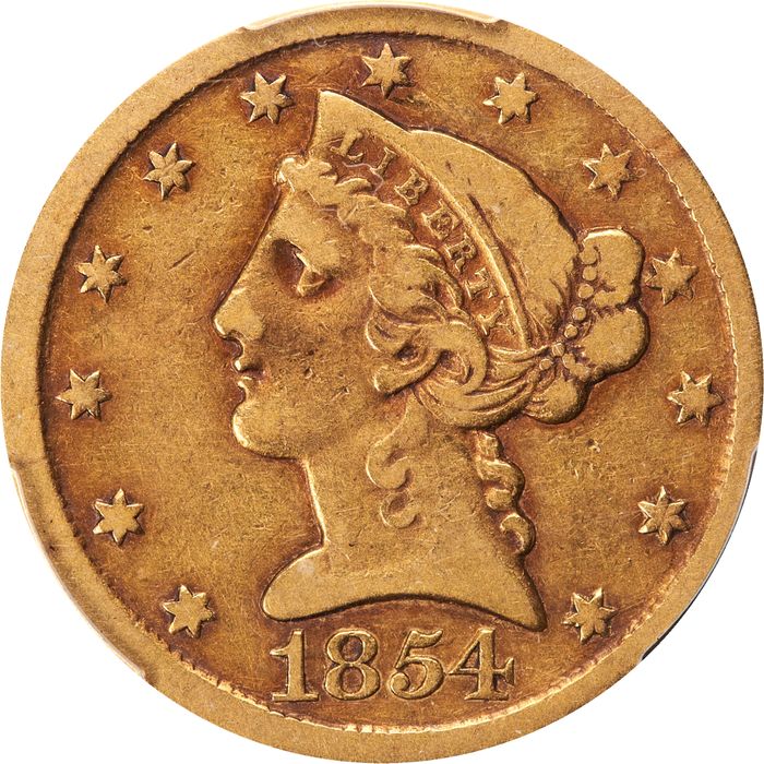 1854-D Liberty Gold Half Eagle ($5) Weak D Obverse Image