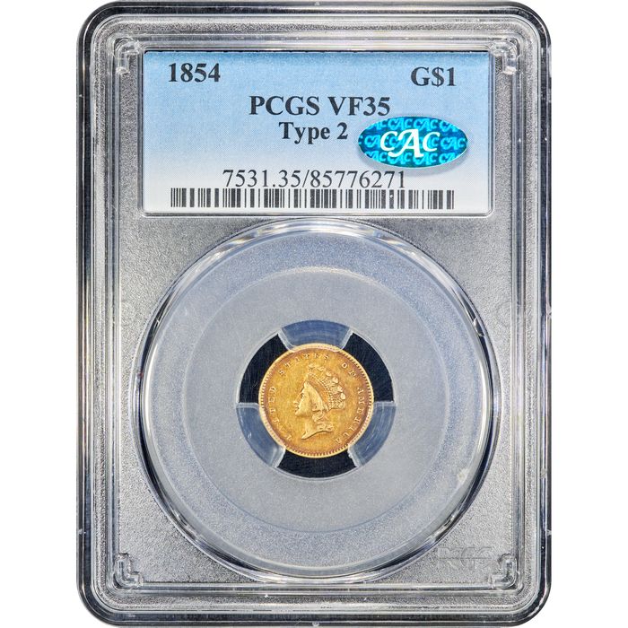 1854 Type 2 Gold Dollar ($1) Obverse Slab Image