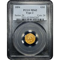 1854 Type 2 Gold Dollar (G$1) Obverse Slab Image