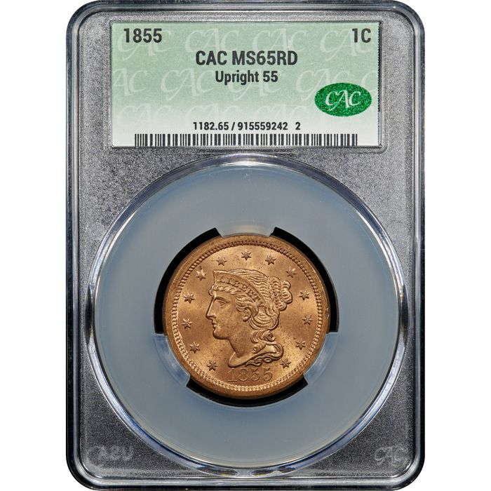 1855 Braided Hair Large Cent (1c) Upright 55 Obverse Image
