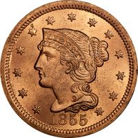 1855 Braided Hair Large Cent (1c) Upright 55 Photo 3