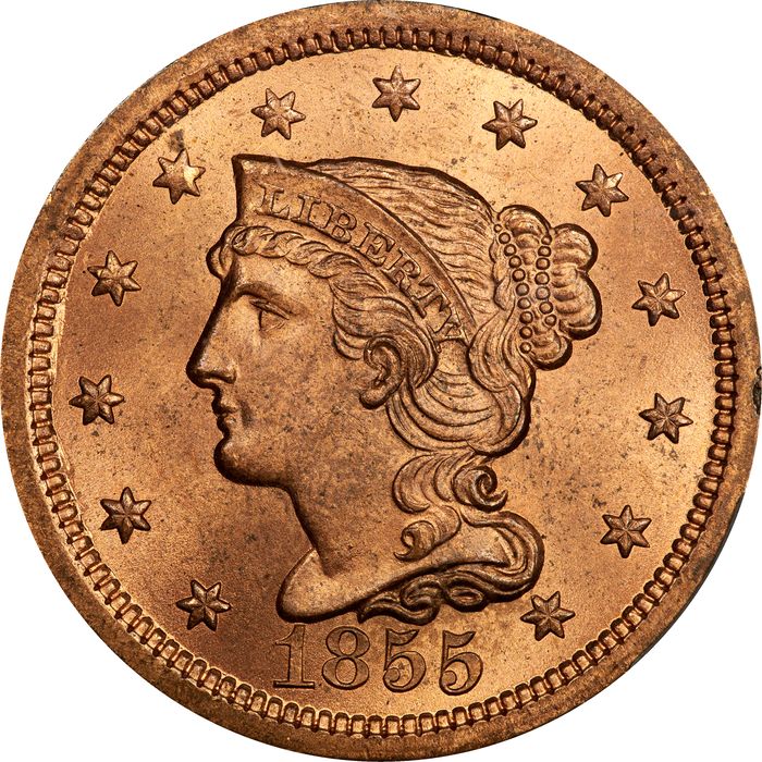 1855 Braided Hair Large Cent (1c) Upright 55 Photo 3