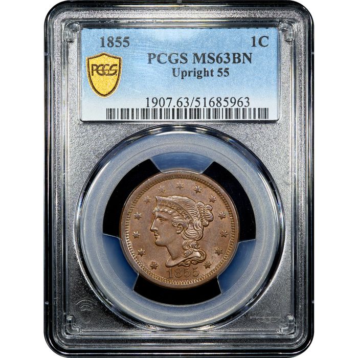 1855 Braided Hair Large Cent (1c) Upright 55 Obverse Image