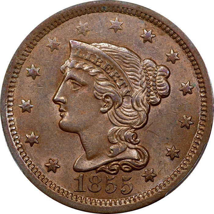 1855 Braided Hair Large Cent (1c) Upright 55 Photo 3