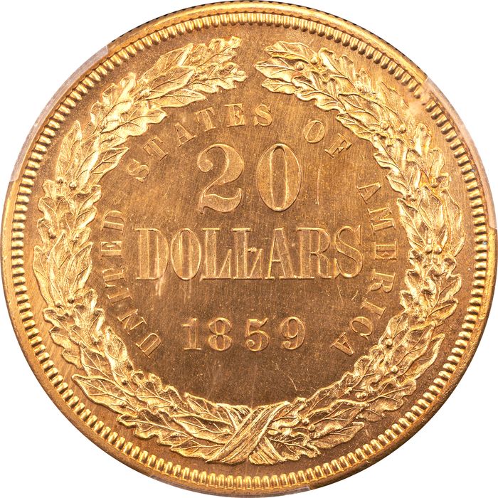 1859 Pattern Double Eagle ($20) J-257 Gilt Reverse Image