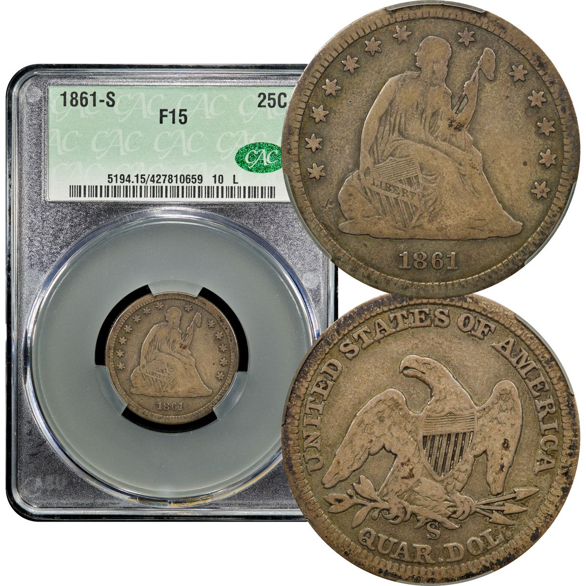 1861-S Seated Liberty Quarter 25c CACG F15 CAC