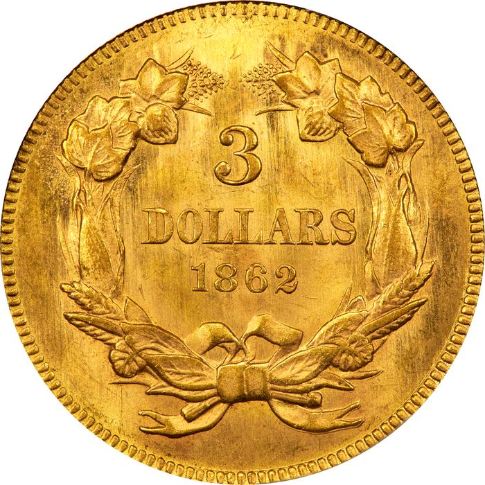 1862 Gold Three Dollars ($3) Reverse Image