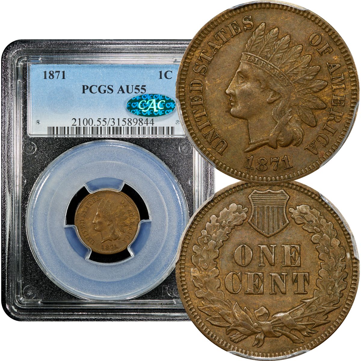 1871 Indian Cent 1c PCGS AU55 BN CAC