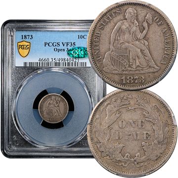 1873 No Arrows Open 3 Seated Liberty Dime (10c) Composite Image